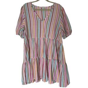 Ana Puff Sleeve Tiered Babydoll Dress Summer Spring Woven Stripe XL bv